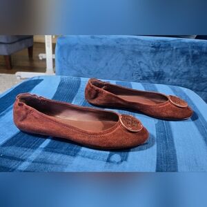 Tory Burch Minnie Travel Ballet Flats Size 9M Black Cherry Brown Leather Suede